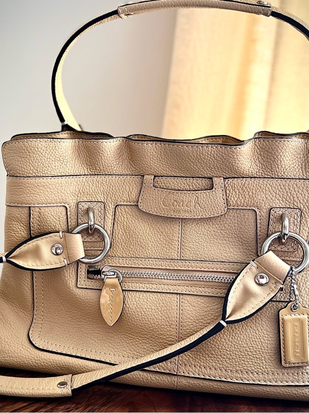 Coach Pebbled Leather Shoulder Bag in Light Beige
